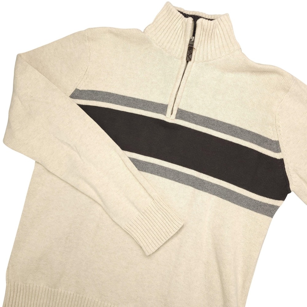 Eddie Bauer Sweater Mens‎ Medium Beige Stripe 1/4 Zip Mock Neck Cotton Pullover